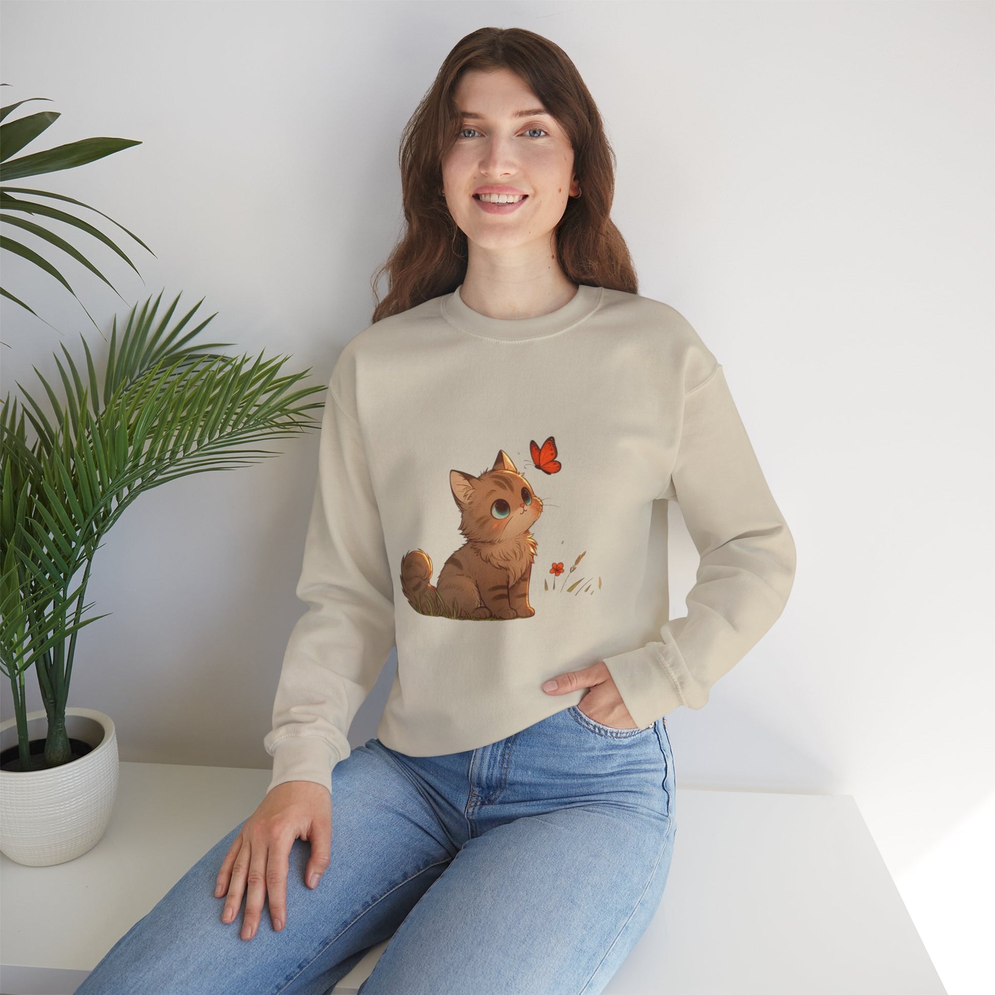 Cozy Cat & Butterfly Sweatshirt - Cute Unisex Crewneck Perfect for Cat Lovers, Gifts for Pet Owners, Fall Fashion, Casual Wear