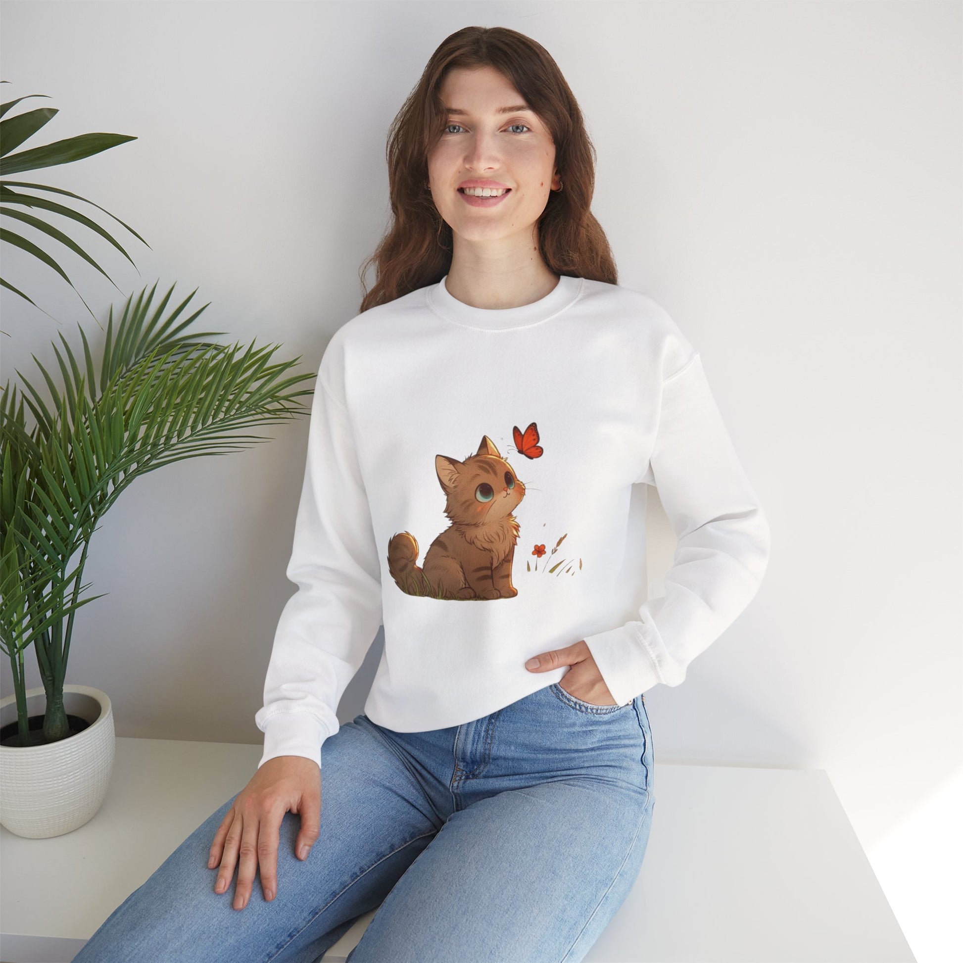 Cozy Cat & Butterfly Sweatshirt - Cute Unisex Crewneck Perfect for Cat Lovers, Gifts for Pet Owners, Fall Fashion, Casual Wear