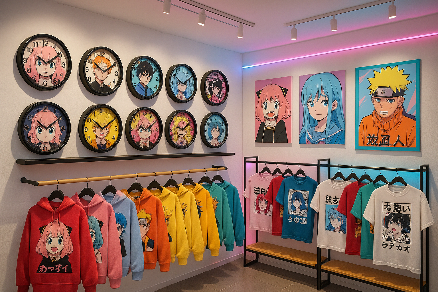 Anime inspired store of wall clocks, hoodies and tshirts.
