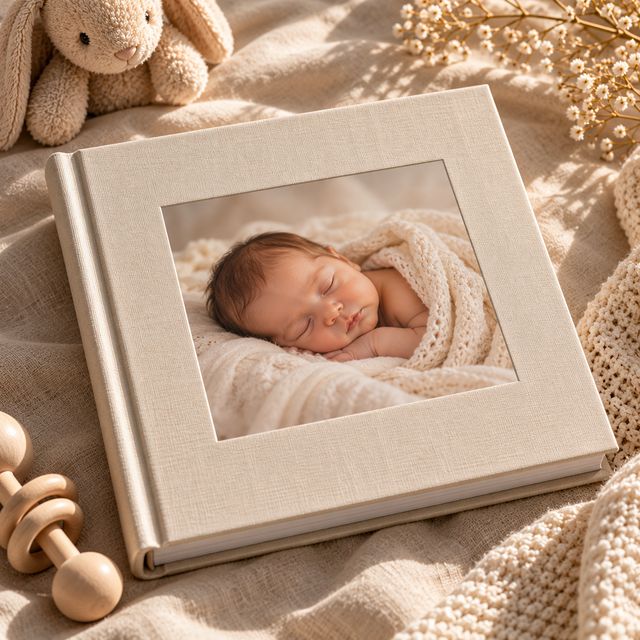 A newborn album beside a soft blanket