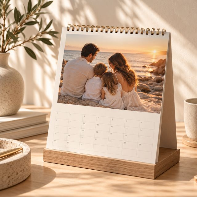 A family photo calendar on a desk