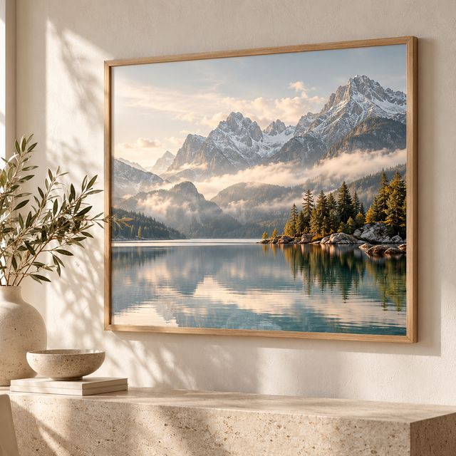 A framed landscape print in a calm living room