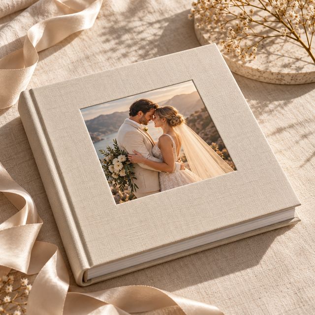 A wedding album open on a table in golden light
