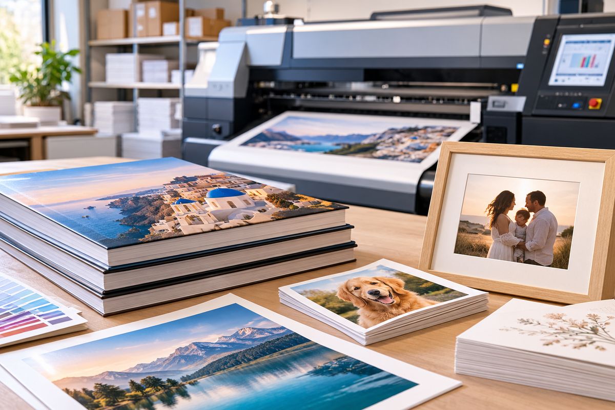A print studio press printing a photo, with finished photo books and framed prints on the bench