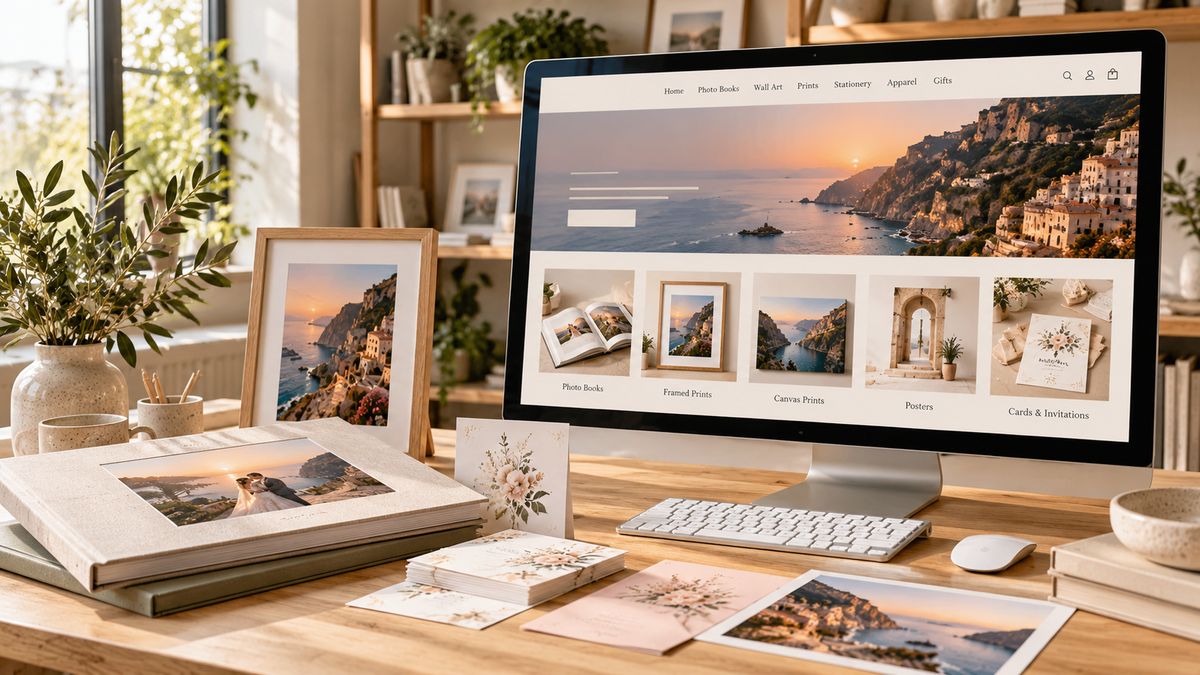 An online print shop on a desktop screen beside the photo books and prints it sells