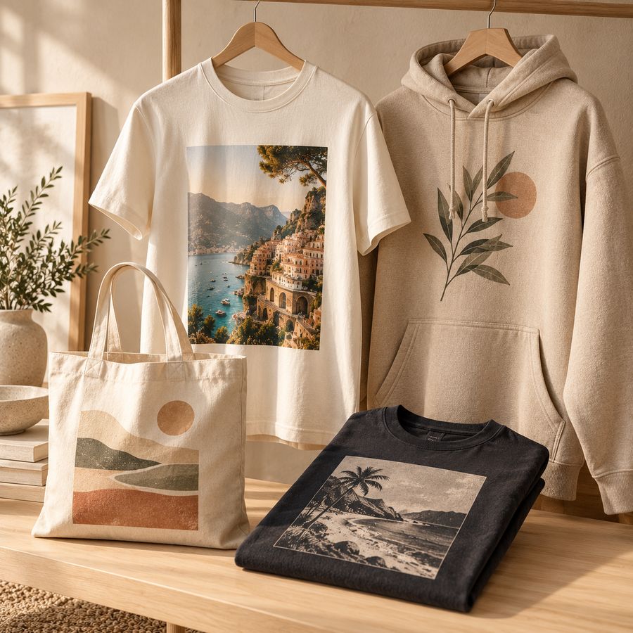 Printed T-shirts, a hoodie and a tote bag on a rail