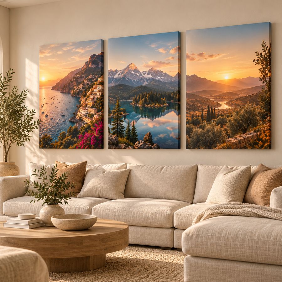 A triptych of landscape canvases above a sofa at golden hour