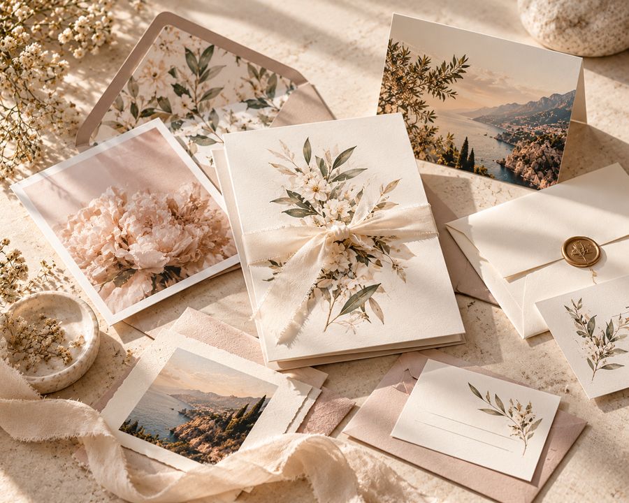 Wedding invitations and cards with botanical details, laid flat on linen