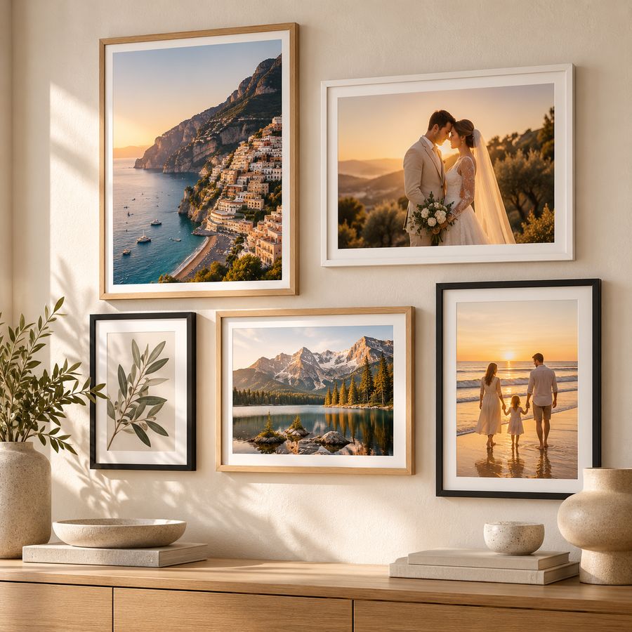 A gallery wall of framed photo prints above a sideboard in a sunlit room