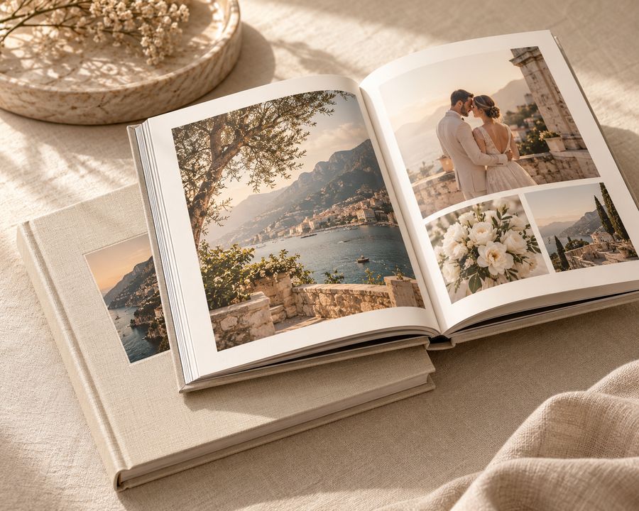 Hardcover wedding and travel photo books stacked on a sunlit table