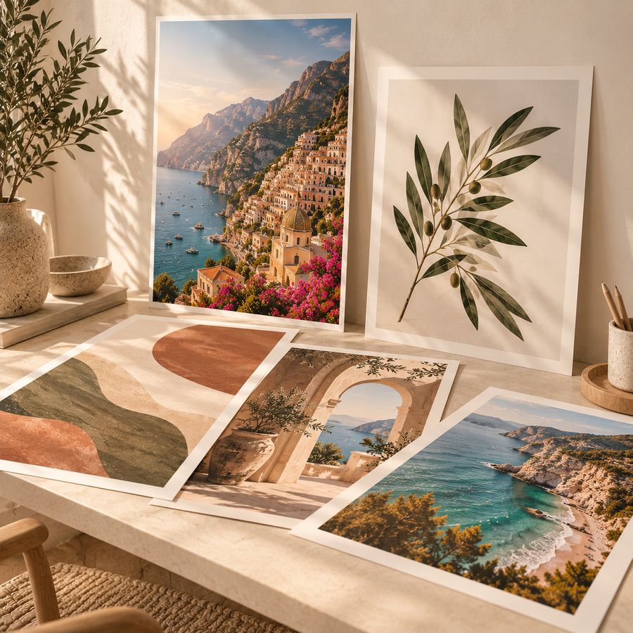 Unframed art posters of coastlines and botanicals laid out on a table